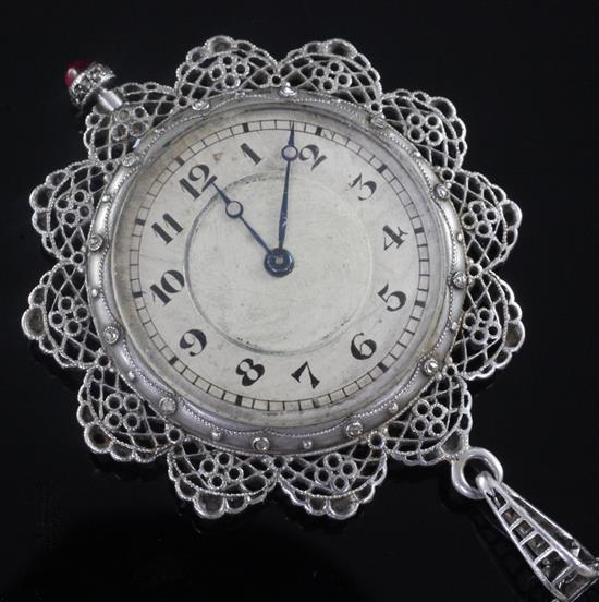 An attractive Belle Epoque French? pierced white gold, enamel, ruby and rose cut diamond set dress fob watch on a white metal chain,